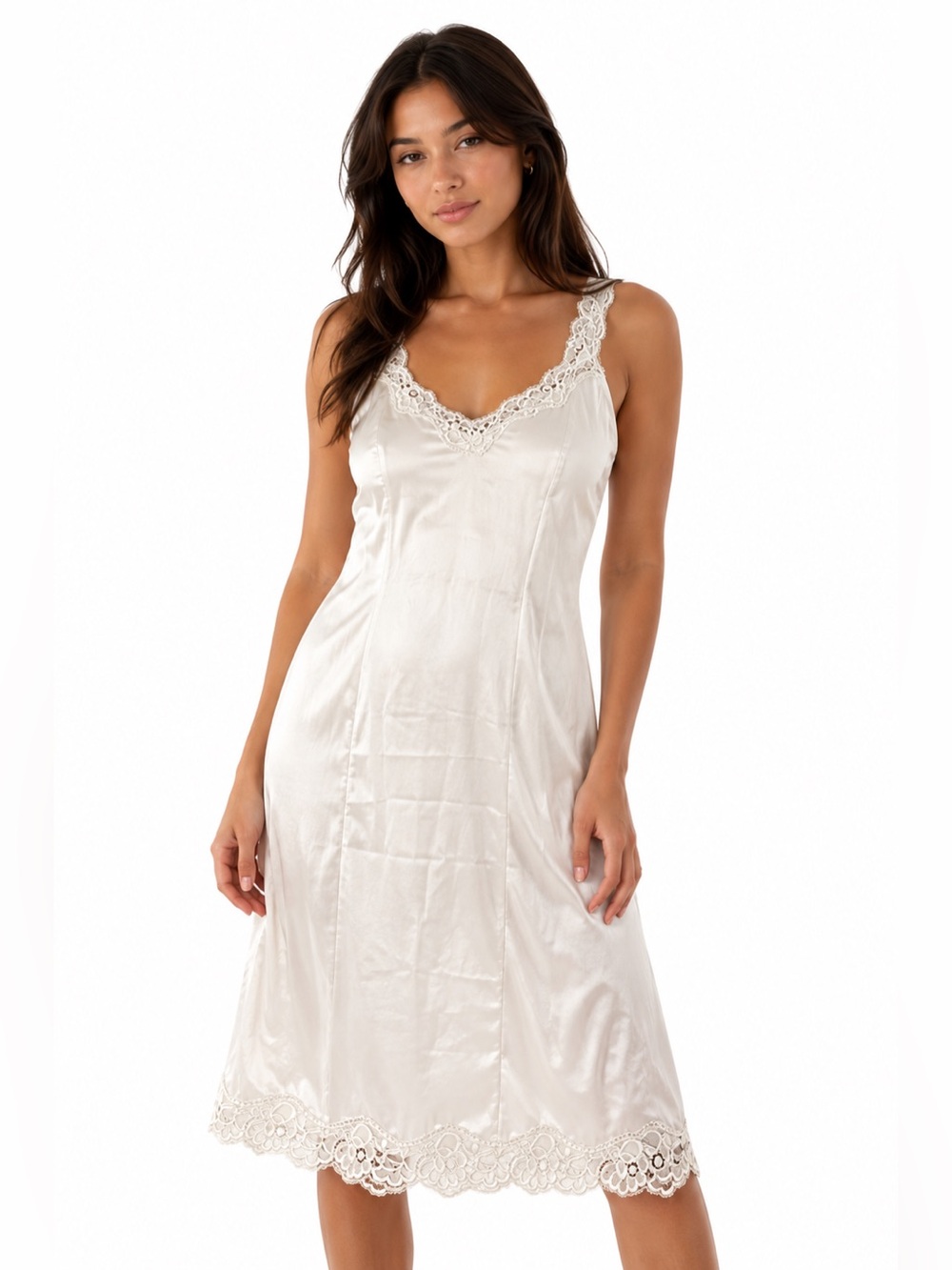 90s European Vintage St Michael Satin Embroidered Lace Midi Slip Dress (Ivory) 6